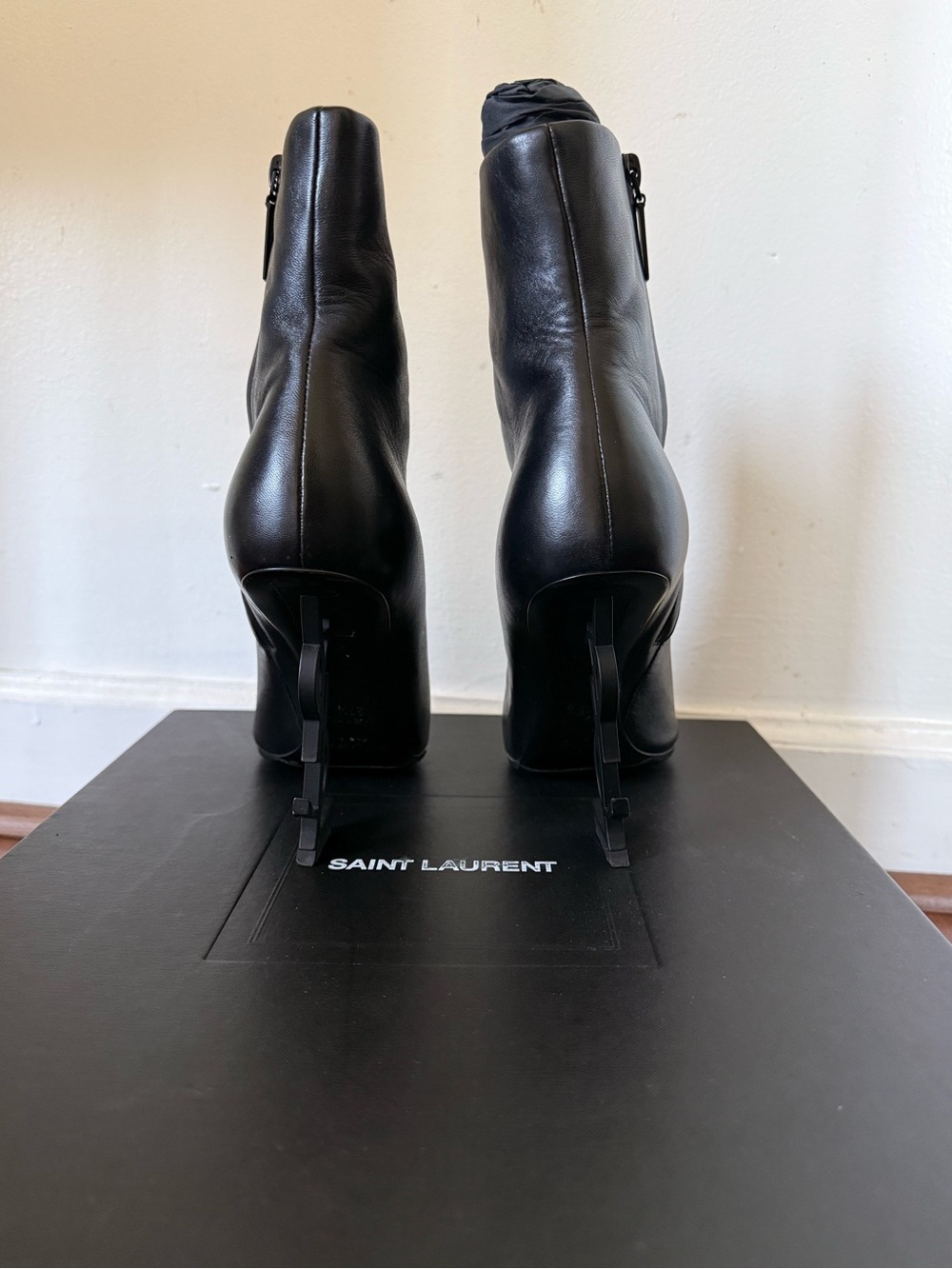 Saint Laurent Opyum 110 YSL Logo Heel Boots Black Leather 37.5 - Picture 8 of 13